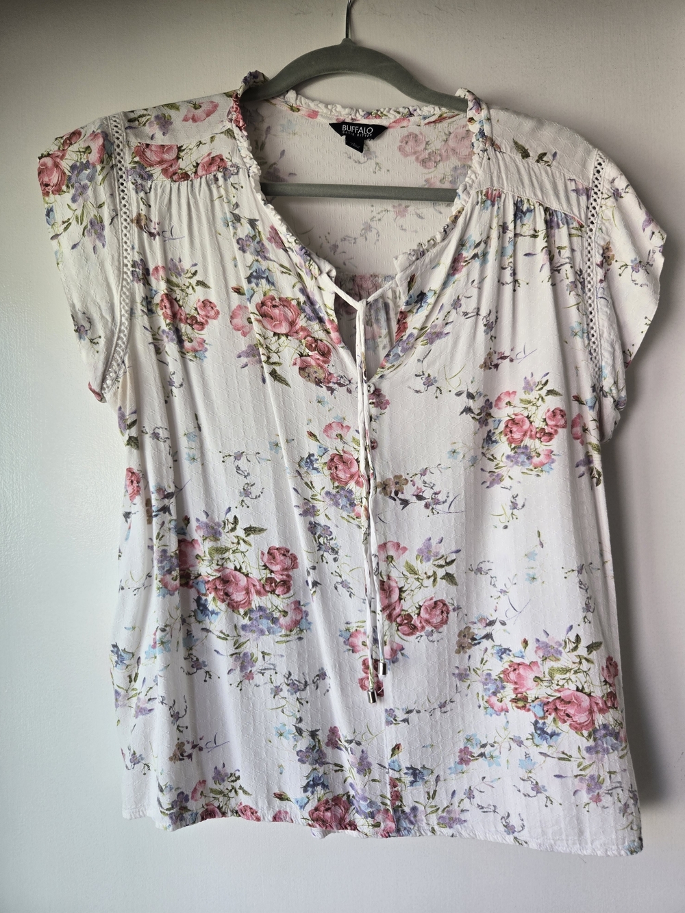 Floral Tie-Front Cap Sleeve Blouse - White with Pink Roses